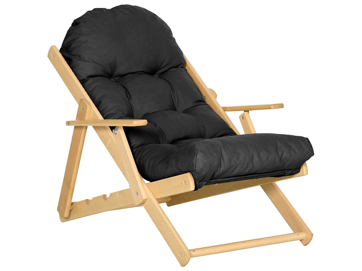 Fauteuil chaise pliable et inclinable en bois grand confort avec coussin capitonné épais - dim. 71I x 89P x 96H cm - noir