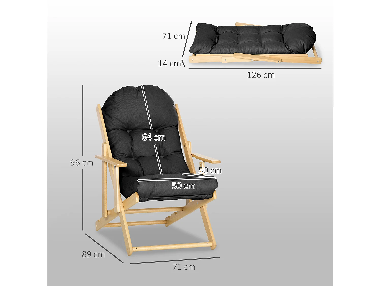 Fauteuil chaise pliable et inclinable en bois grand confort avec coussin capitonné épais - dim. 71I x 89P x 96H cm - noir