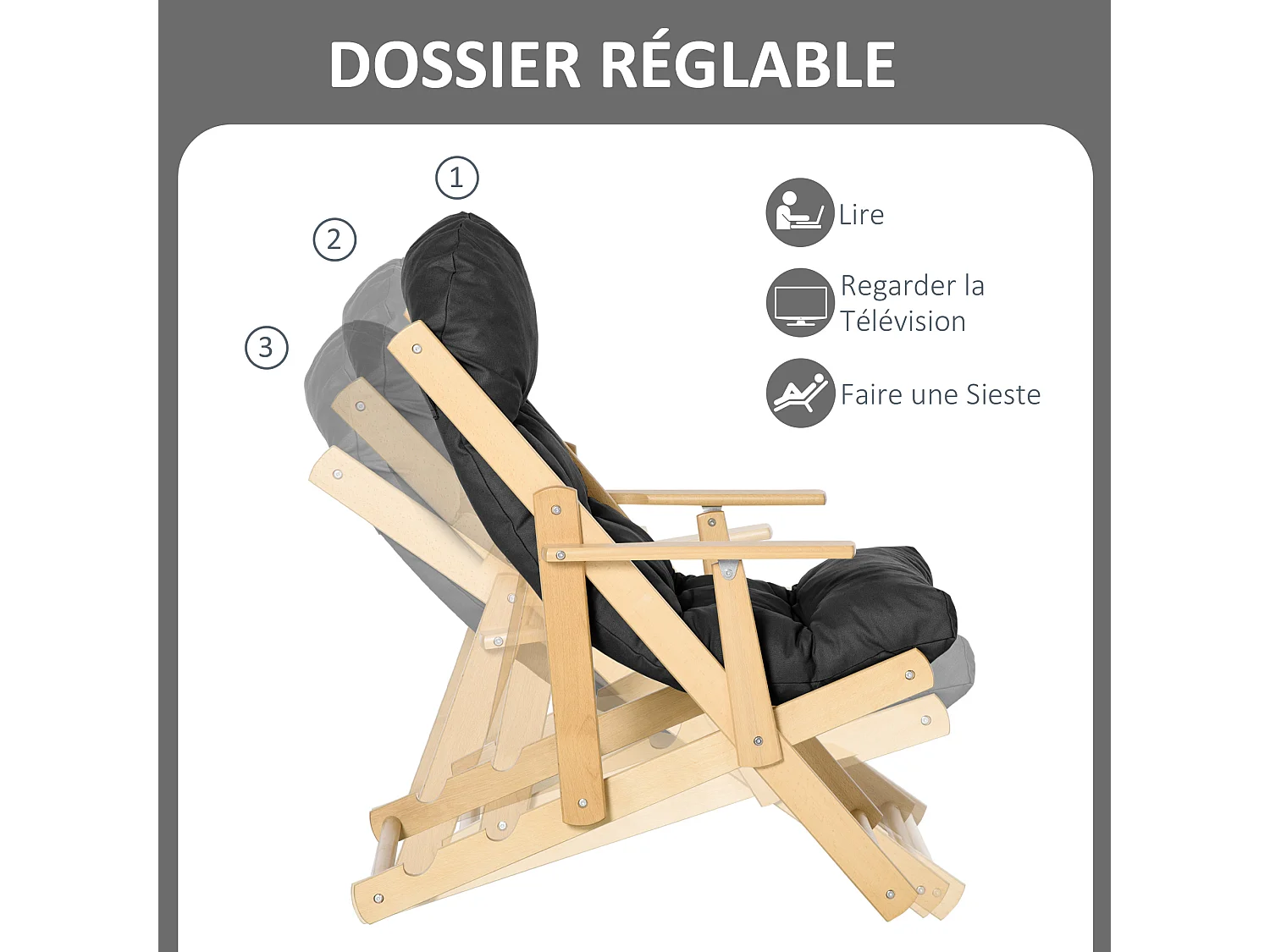 Fauteuil chaise pliable et inclinable en bois grand confort avec coussin capitonné épais - dim. 71I x 89P x 96H cm - noir