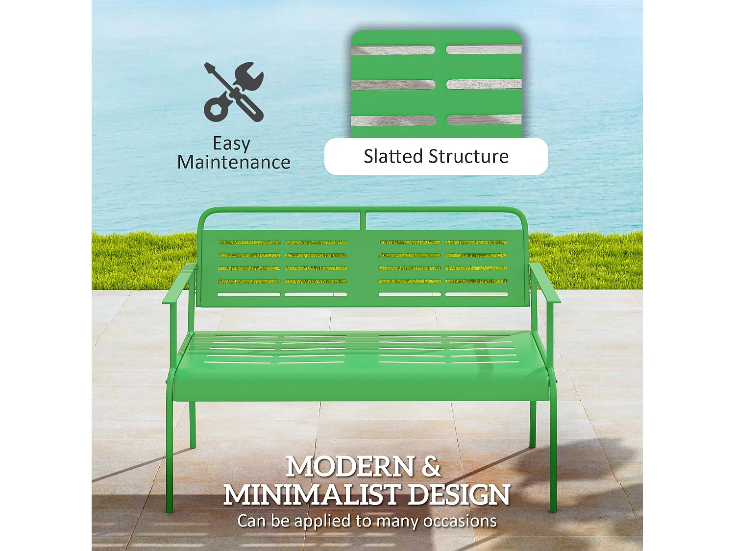 Banc de jardin 2 places design rétro acier assise dossier ajourés dim. 121 x 64 x 84 cm vert