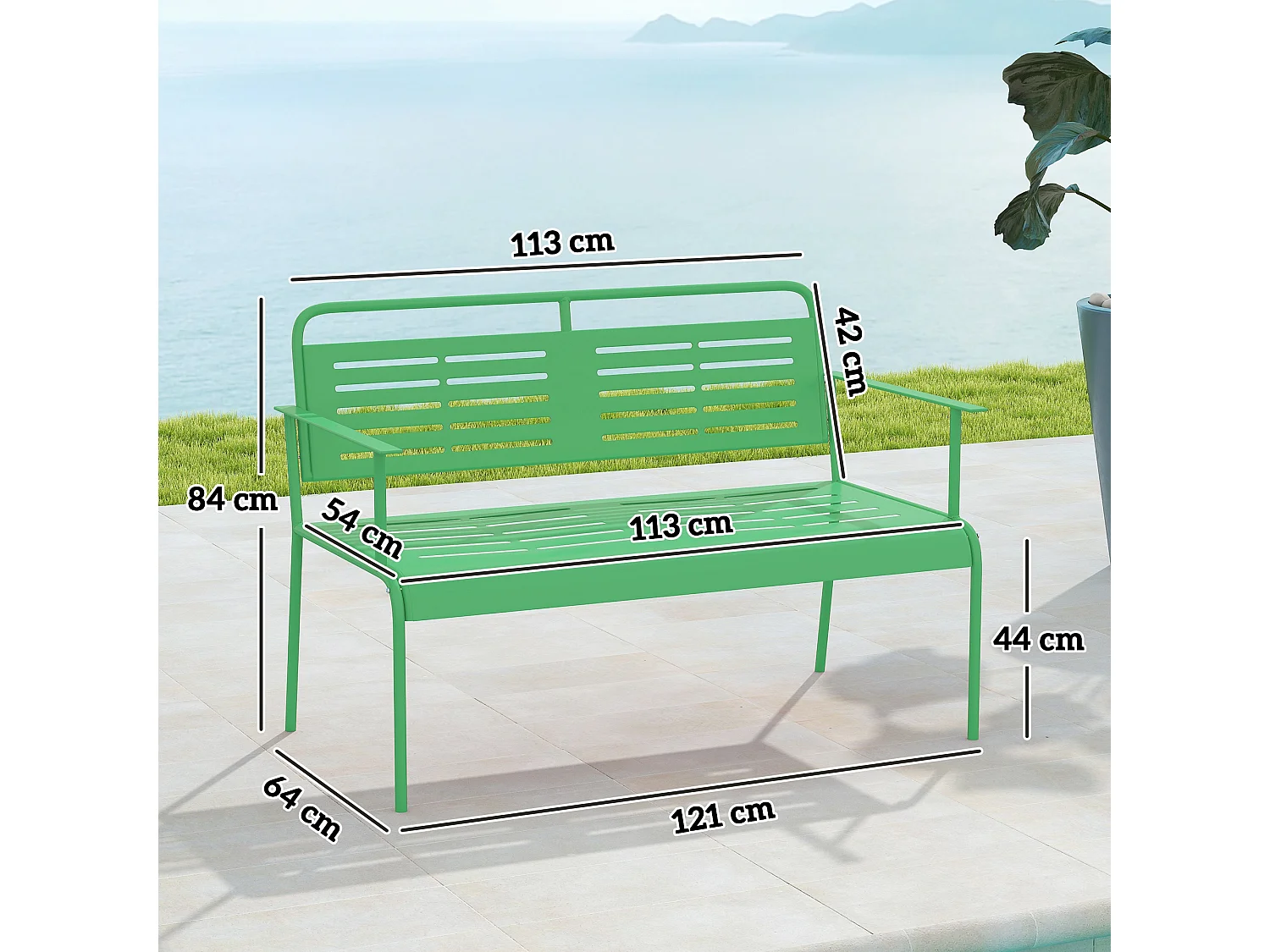 Banc de jardin 2 places design rétro acier assise dossier ajourés dim. 121 x 64 x 84 cm vert