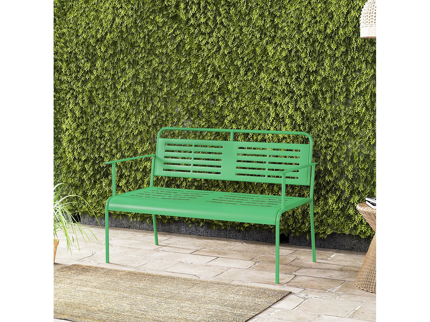 Banc de jardin 2 places design rétro acier assise dossier ajourés dim. 121 x 64 x 84 cm vert