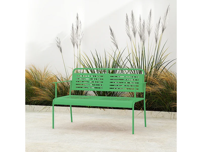 Banc de jardin 2 places design rétro acier assise dossier ajourés dim. 121 x 64 x 84 cm vert