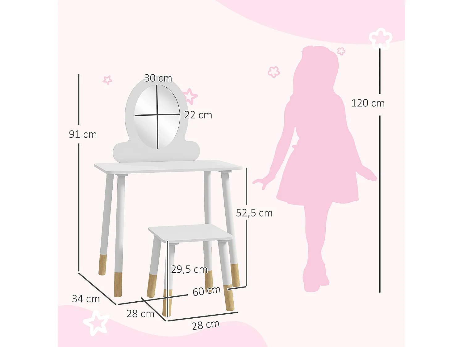 Ensemble coiffeuse pour enfants avec tabouret, coiffeuse 2 pièces pour enfants de 3 à 6 ans - blanc