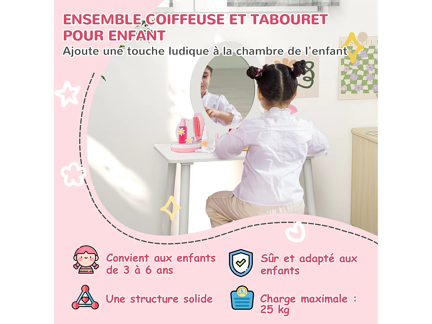 Ensemble coiffeuse pour enfants avec tabouret, coiffeuse 2 pièces pour enfants de 3 à 6 ans - blanc