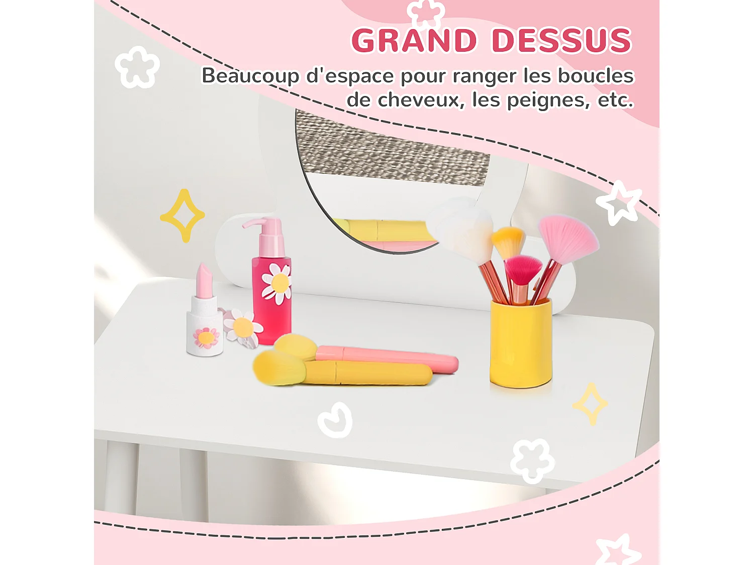 Ensemble coiffeuse pour enfants avec tabouret, coiffeuse 2 pièces pour enfants de 3 à 6 ans - blanc