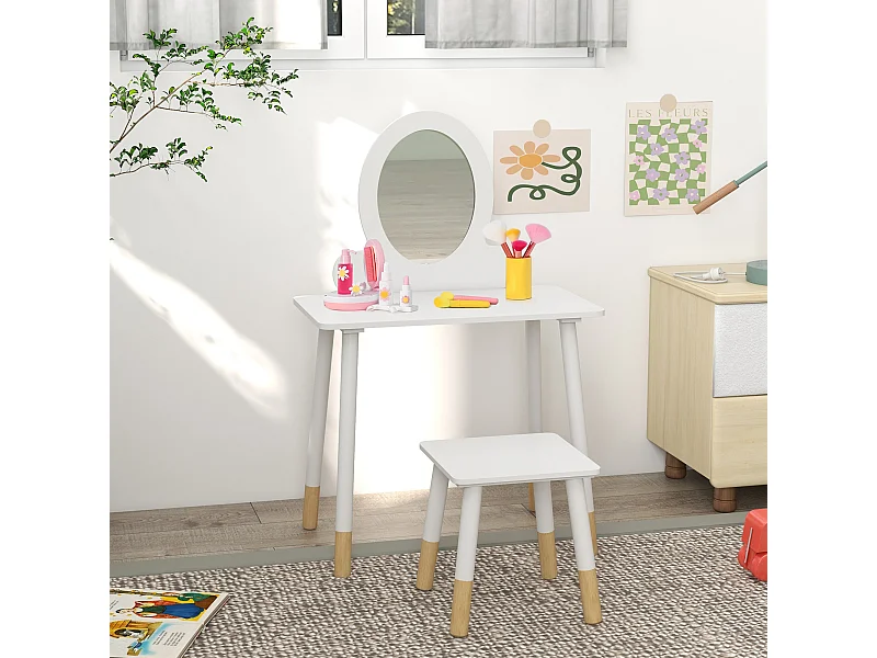 Ensemble coiffeuse pour enfants avec tabouret, coiffeuse 2 pièces pour enfants de 3 à 6 ans - blanc