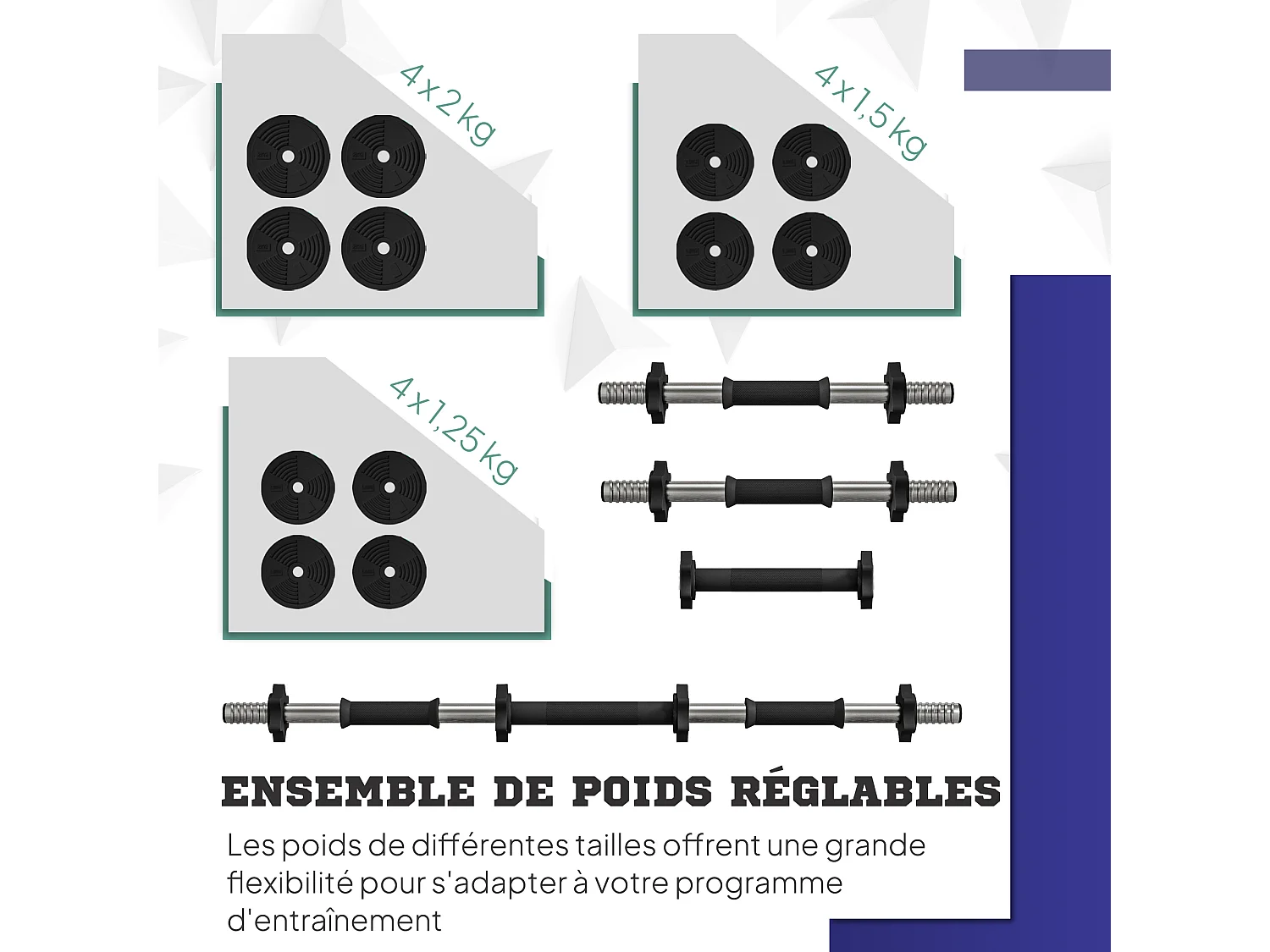 Haltères 2 en 1 réglables - haltères libres 20 Kg - barres incluses - entraînement musculaire & haltérophilie - noir vert