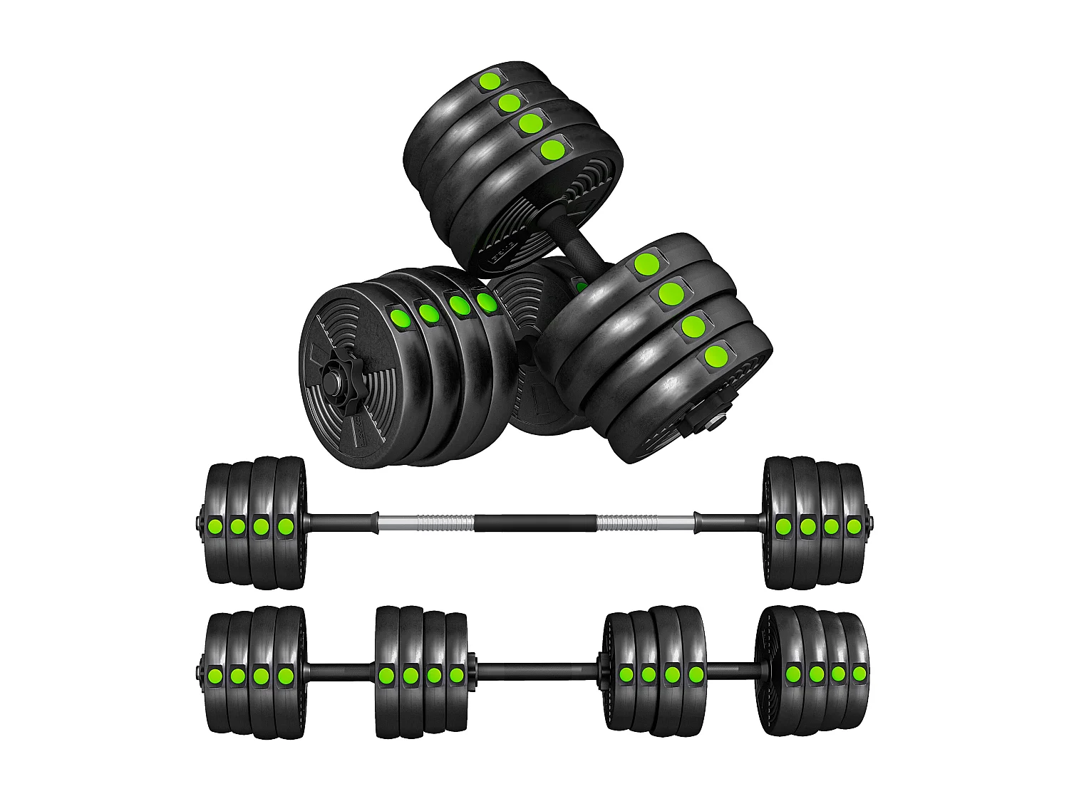 Haltères 2 en 1 réglables - haltères libres 30 Kg - barres incluses - entraînement musculaire & haltérophilie - noir vert