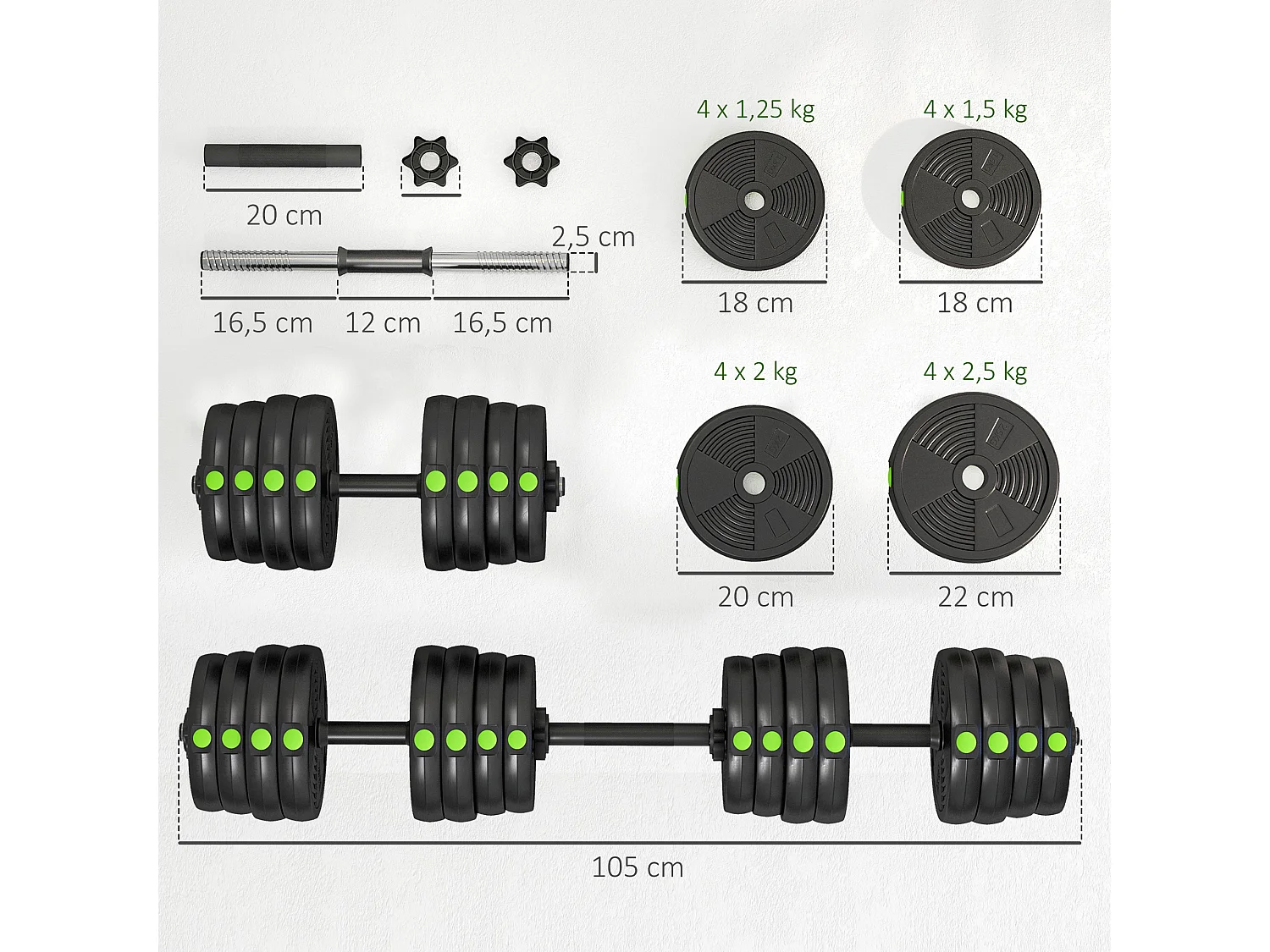 Haltères 2 en 1 réglables - haltères libres 30 Kg - barres incluses - entraînement musculaire & haltérophilie - noir vert