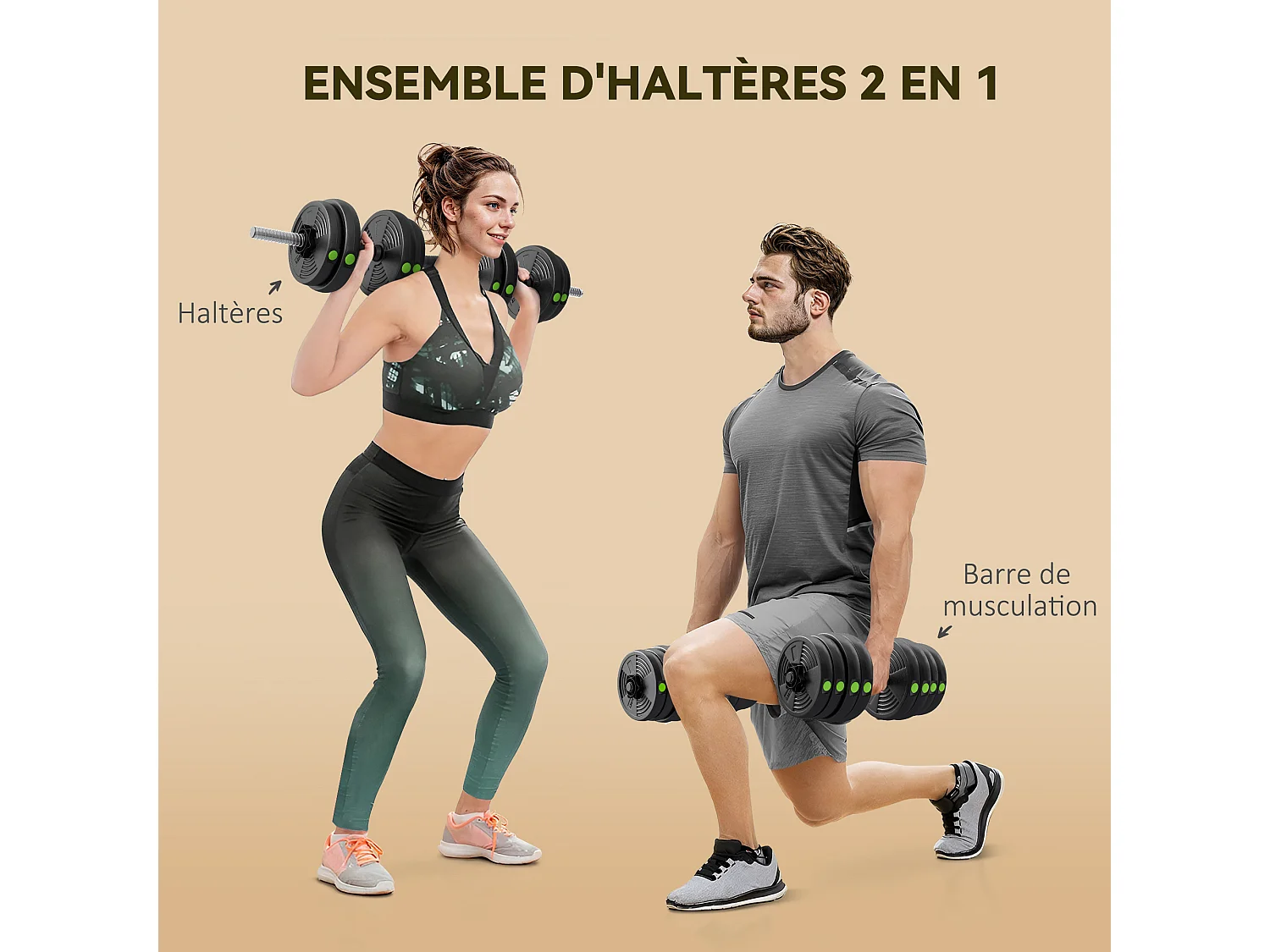 Haltères 2 en 1 réglables - haltères libres 30 Kg - barres incluses - entraînement musculaire & haltérophilie - noir vert