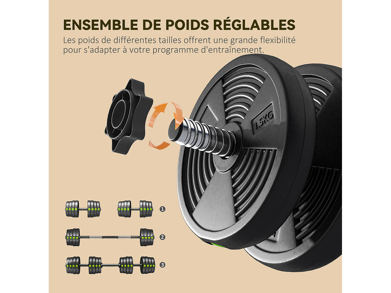Haltères 2 en 1 réglables - haltères libres 30 Kg - barres incluses - entraînement musculaire & haltérophilie - noir vert