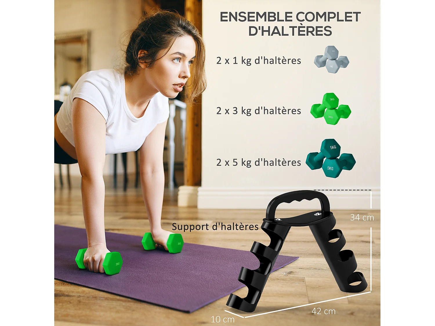 Support noir pour 6 haltères vinyles - 6 haltères incluses total 48 Kg - noir gris vert