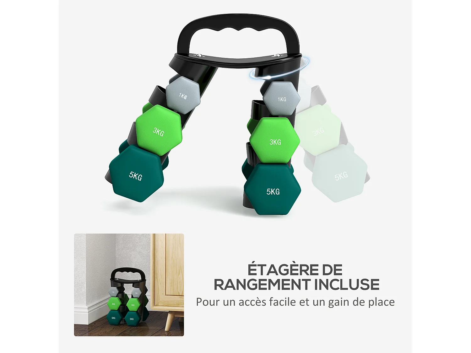 Support noir pour 6 haltères vinyles - 6 haltères incluses total 48 Kg - noir gris vert