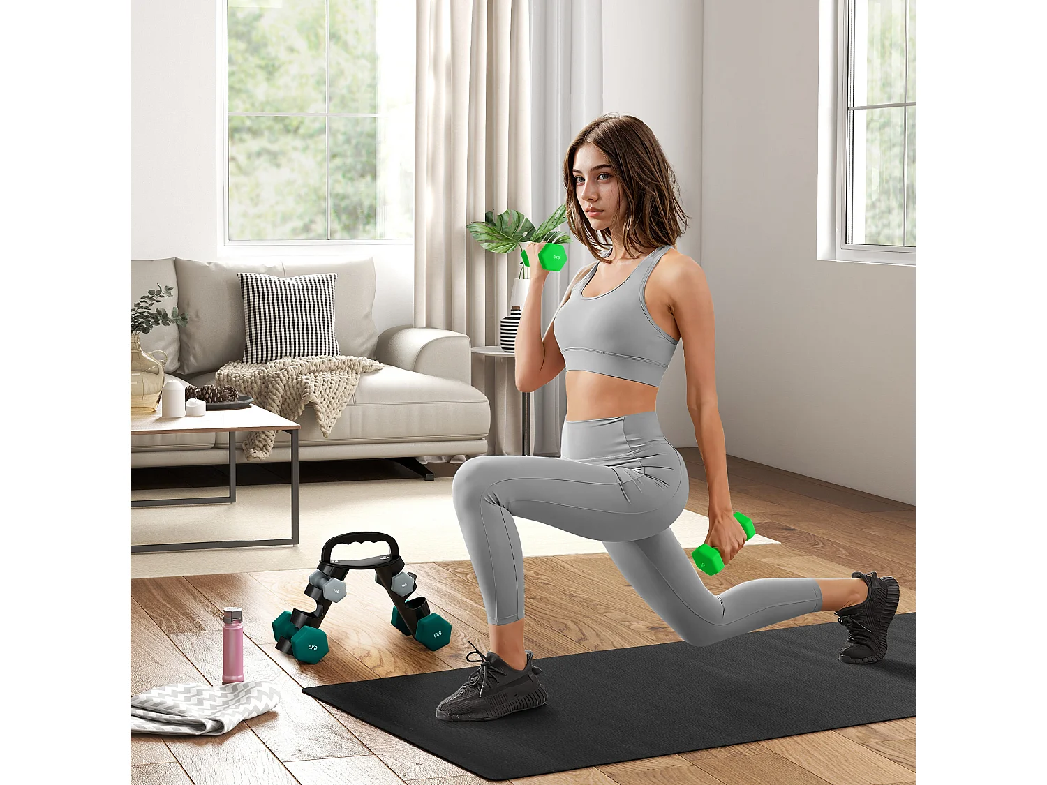 Support noir pour 6 haltères vinyles - 6 haltères incluses total 48 Kg - noir gris vert