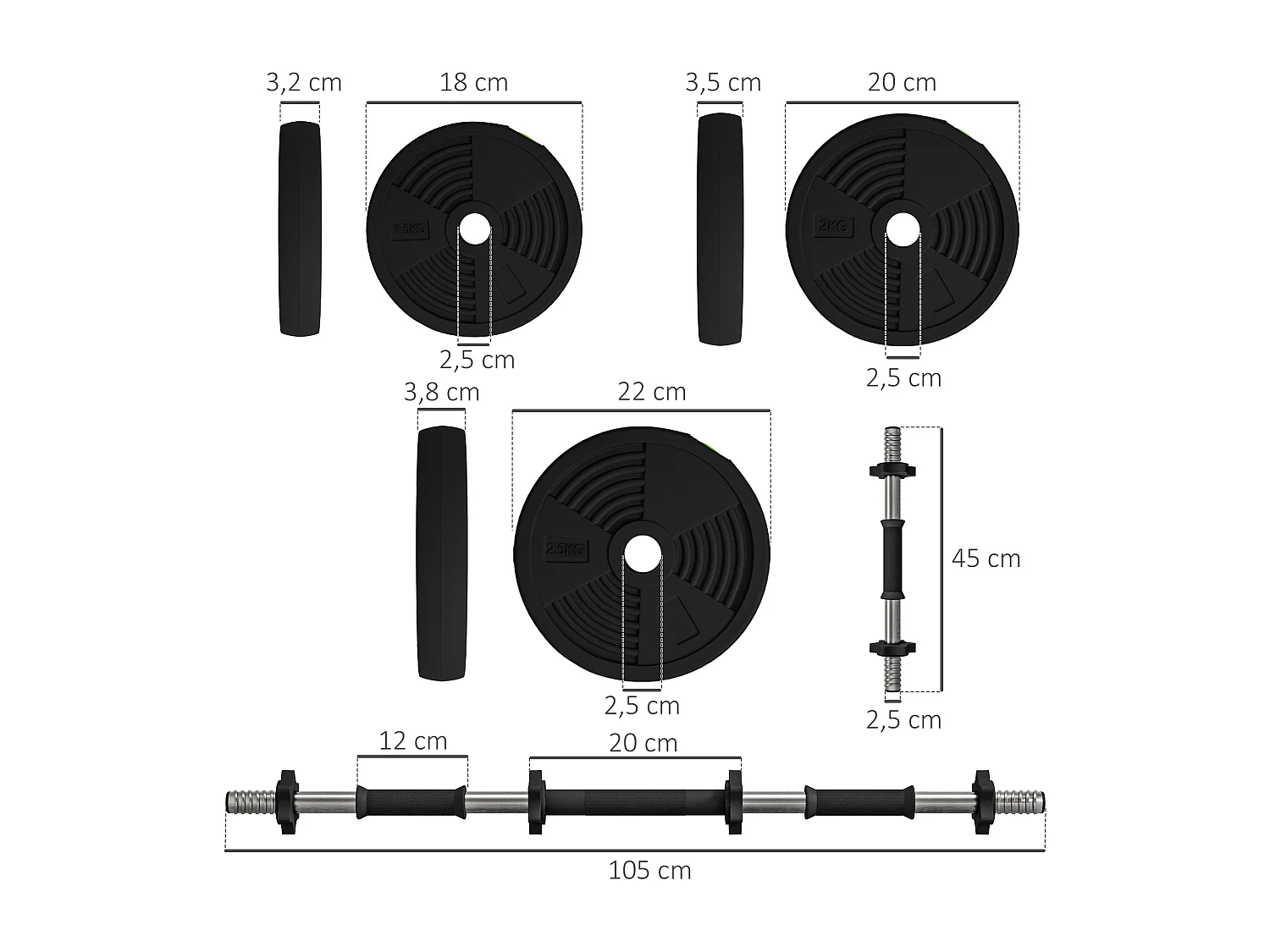Haltères 2 en 1 réglables - haltères libres 25 Kg - barres incluses - entraînement musculaire & haltérophilie - noir vert