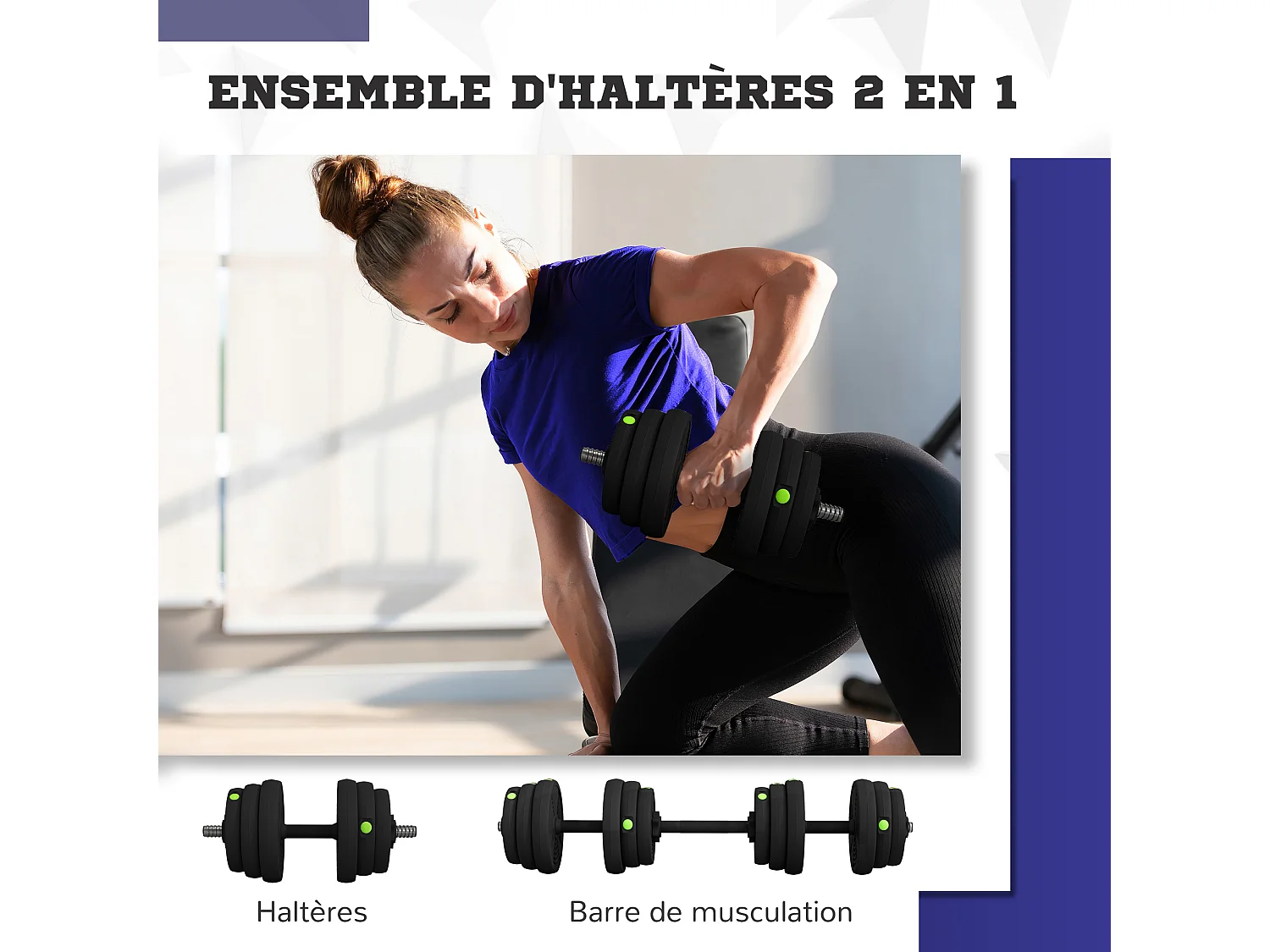 Haltères 2 en 1 réglables - haltères libres 25 Kg - barres incluses - entraînement musculaire & haltérophilie - noir vert