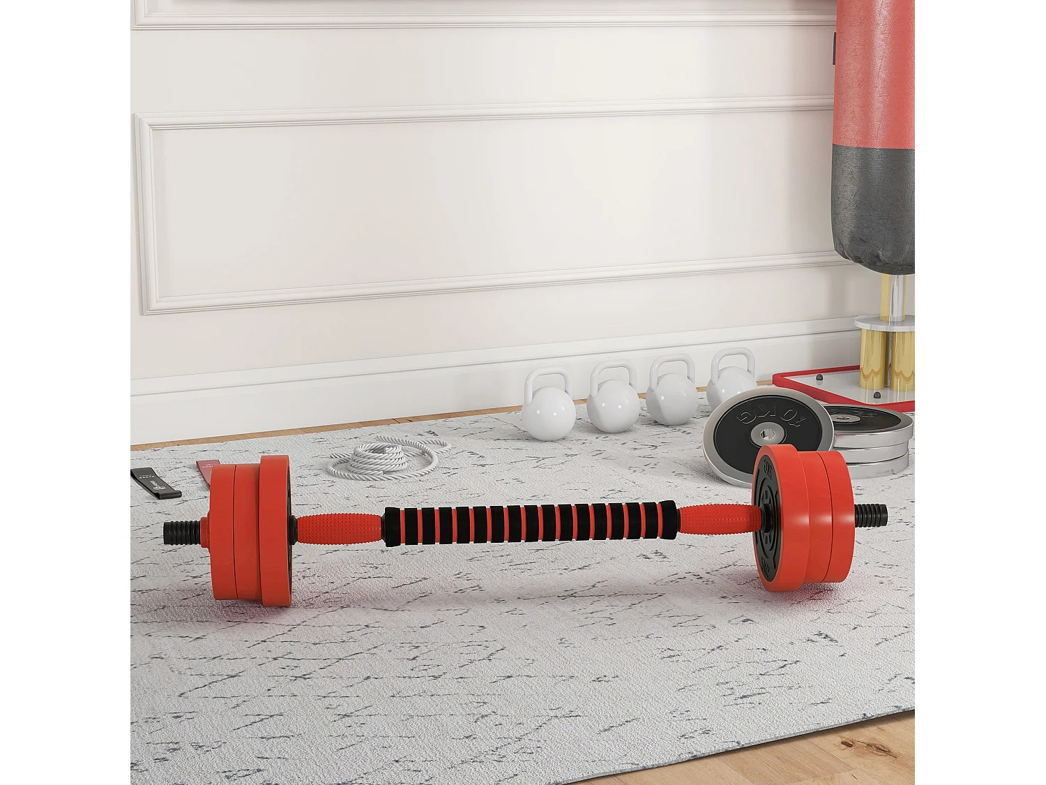 Kit haltères musculation réglables 4 en 1 - total 20 Kg - disques, barres, clips de sécurité inclus - noir rouge