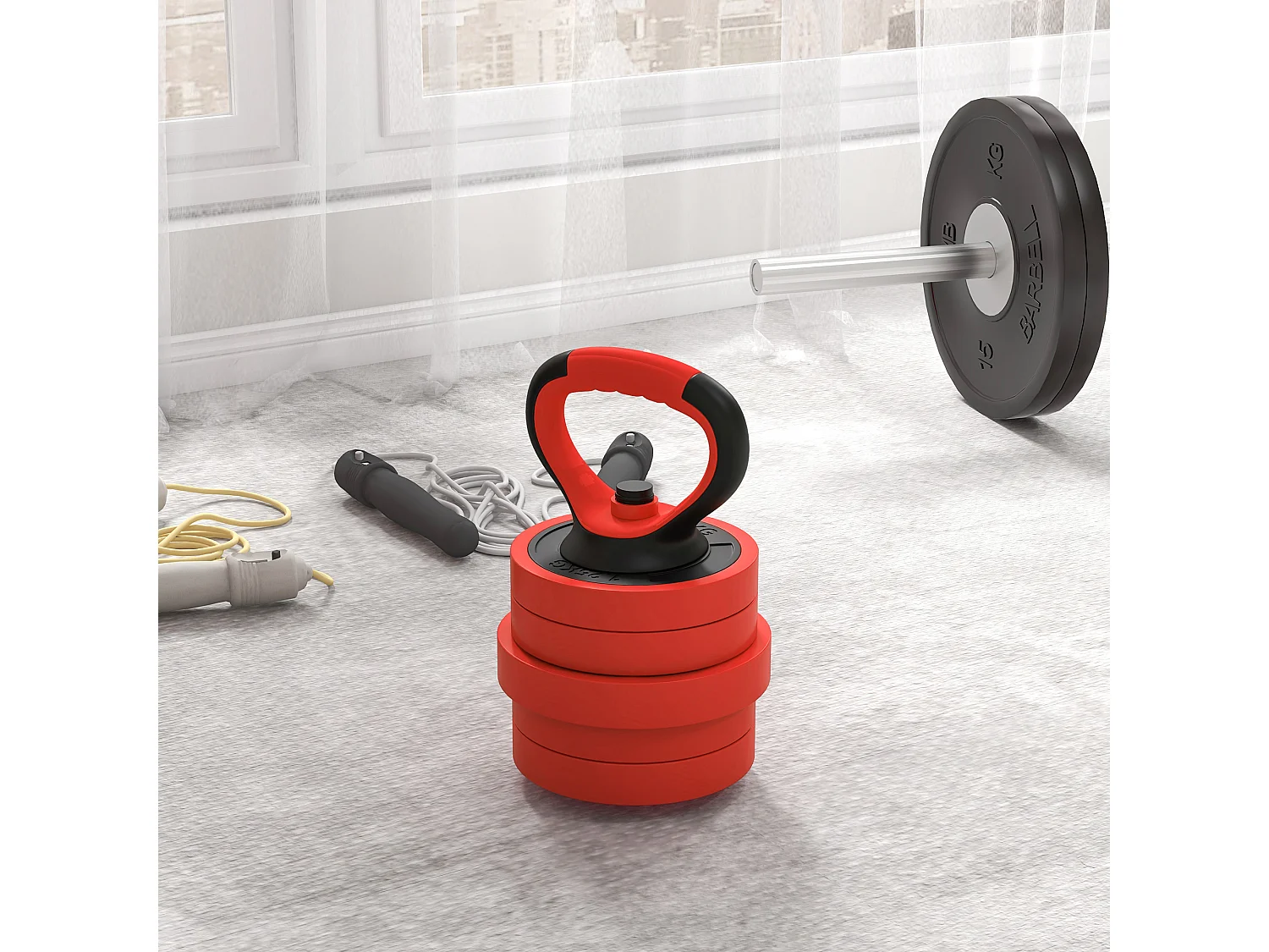 Kit haltères musculation réglables 4 en 1 - total 20 Kg - disques, barres, clips de sécurité inclus - noir rouge