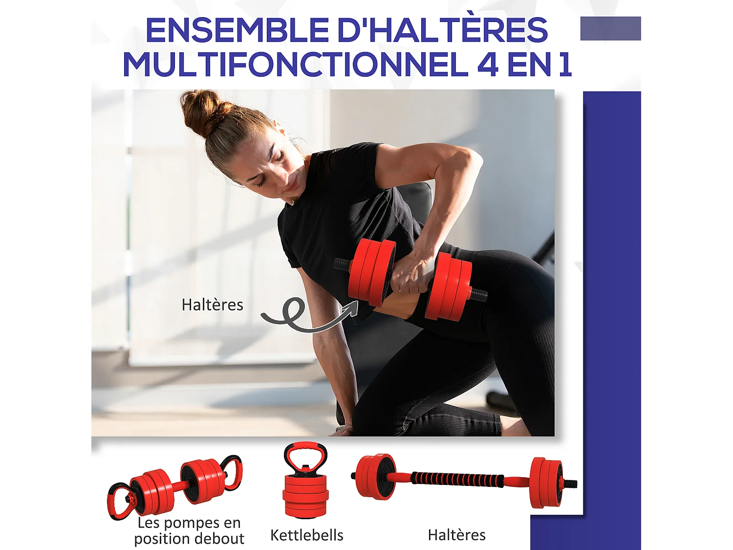 Kit haltères musculation réglables 4 en 1 - total 20 Kg - disques, barres, clips de sécurité inclus - noir rouge