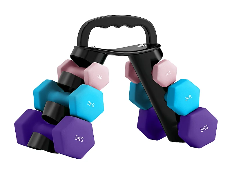 Support noir pour 6 haltères vinyles - 6 haltères incluses total 48 Kg - noir rose bleu violet