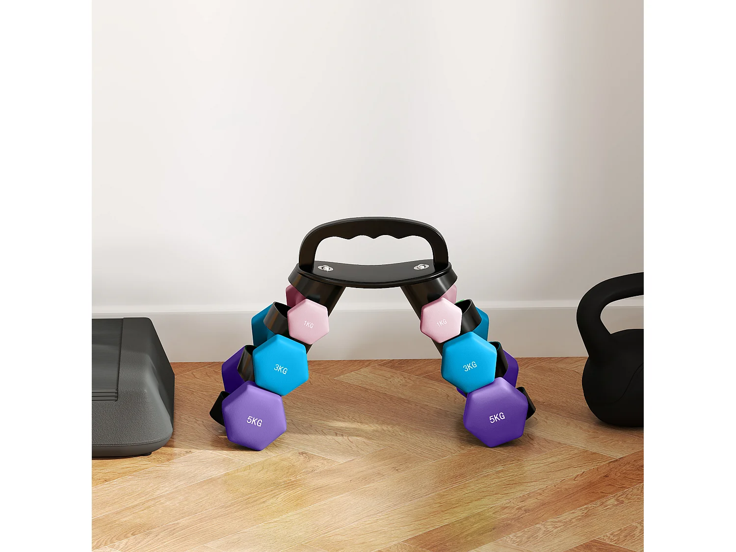 Support noir pour 6 haltères vinyles - 6 haltères incluses total 48 Kg - noir rose bleu violet