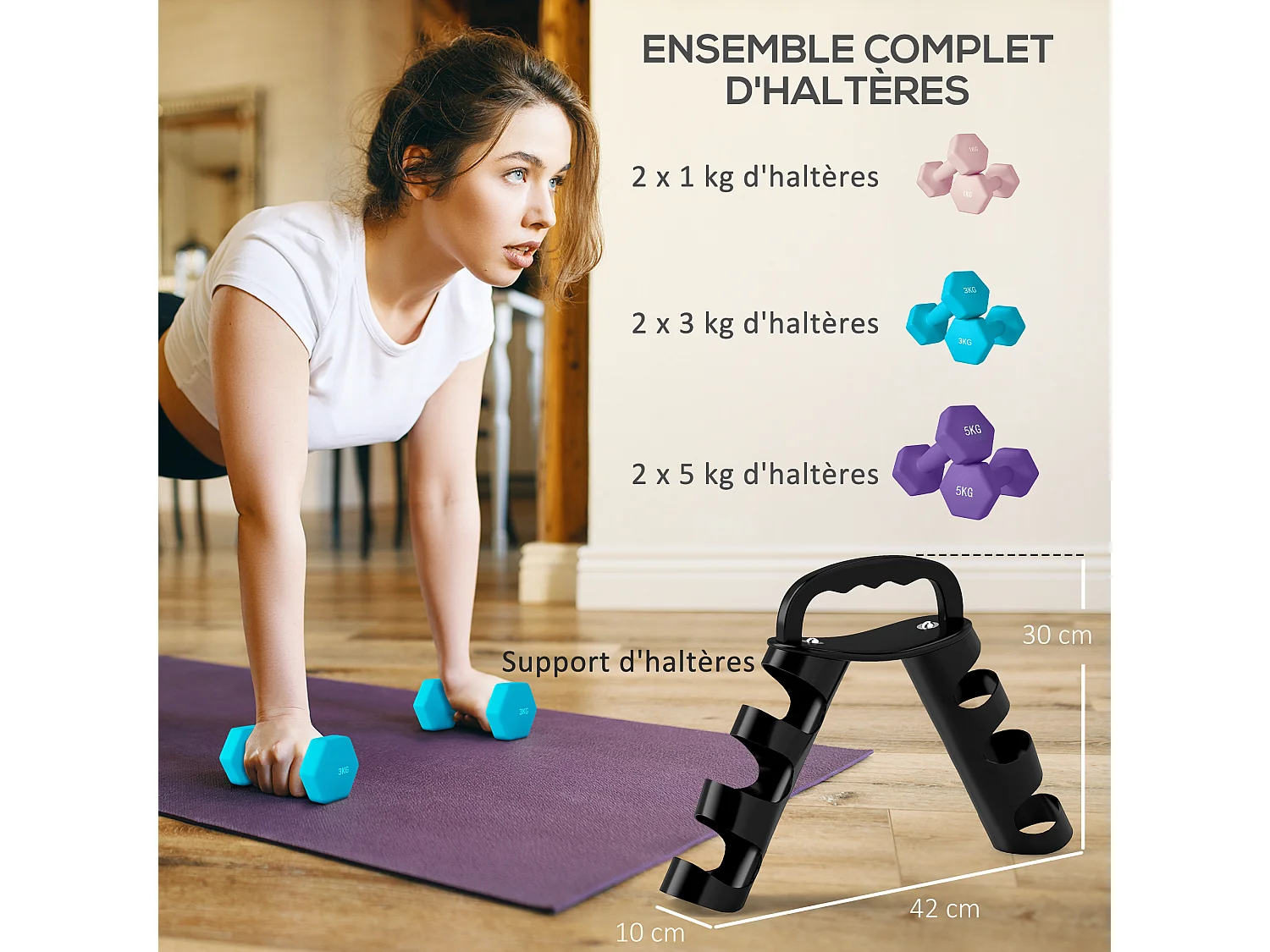 Support noir pour 6 haltères vinyles - 6 haltères incluses total 48 Kg - noir rose bleu violet