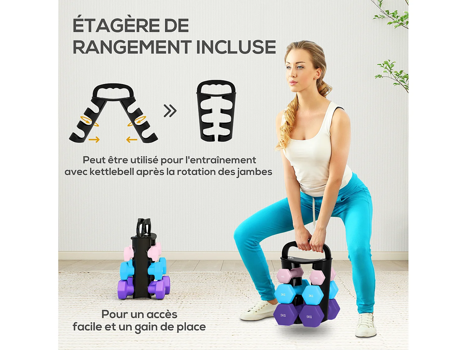 Support noir pour 6 haltères vinyles - 6 haltères incluses total 48 Kg - noir rose bleu violet