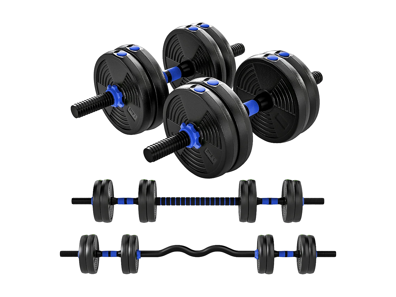 Ensemble d'haltères musculation multifonction 3 en 1 - haltères, Olympic barre, Curl EZ barre - total 15Kg - PVC bleu noir