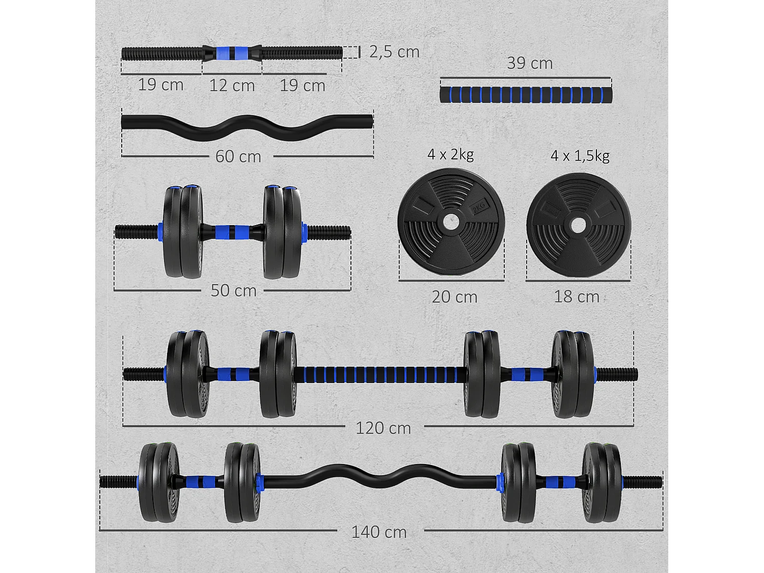 Ensemble d'haltères musculation multifonction 3 en 1 - haltères, Olympic barre, Curl EZ barre - total 15Kg - PVC bleu noir
