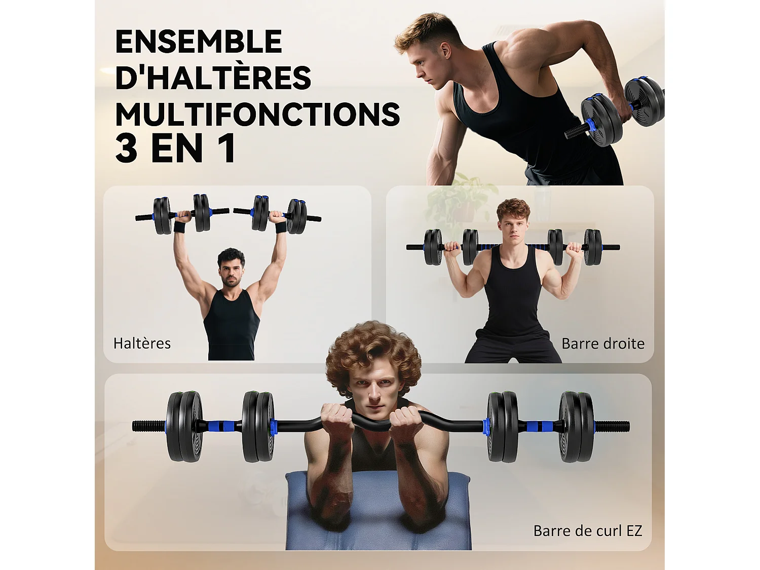 Ensemble d'haltères musculation multifonction 3 en 1 - haltères, Olympic barre, Curl EZ barre - total 15Kg - PVC bleu noir