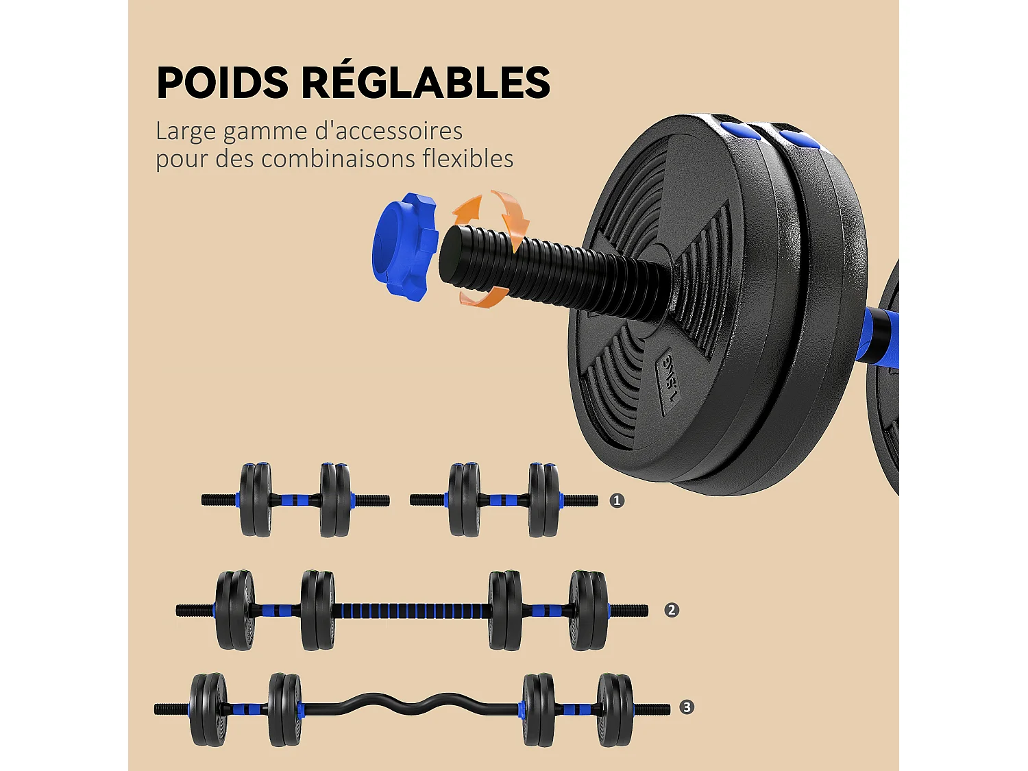 Ensemble d'haltères musculation multifonction 3 en 1 - haltères, Olympic barre, Curl EZ barre - total 15Kg - PVC bleu noir