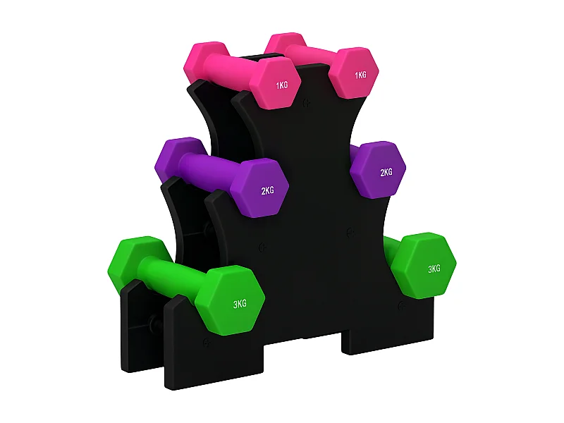 Support noir pour 6 haltères vinyles - 6 haltères incluses total 12 Kg - rose mauve vert