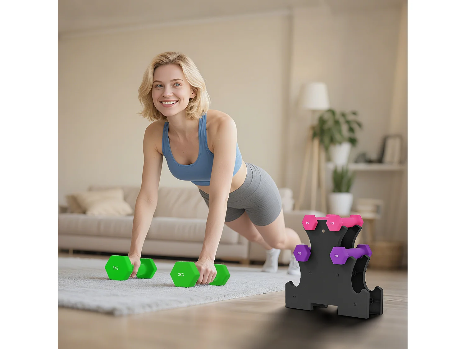 Support noir pour 6 haltères vinyles - 6 haltères incluses total 12 Kg - rose mauve vert