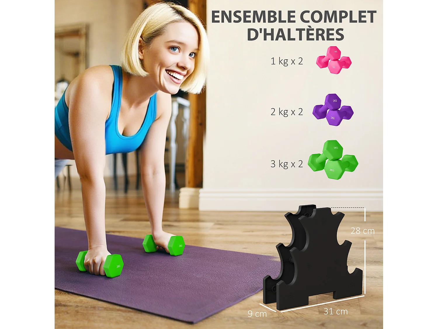 Support noir pour 6 haltères vinyles - 6 haltères incluses total 12 Kg - rose mauve vert