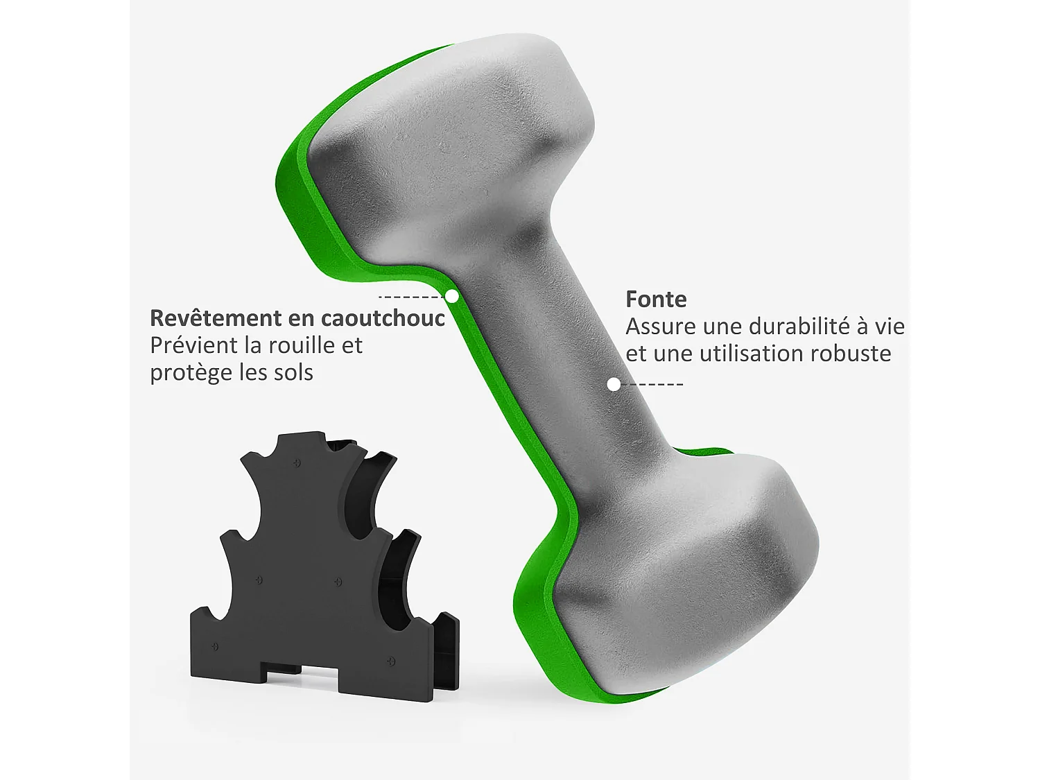 Support noir pour 6 haltères vinyles - 6 haltères incluses total 12 Kg - rose mauve vert