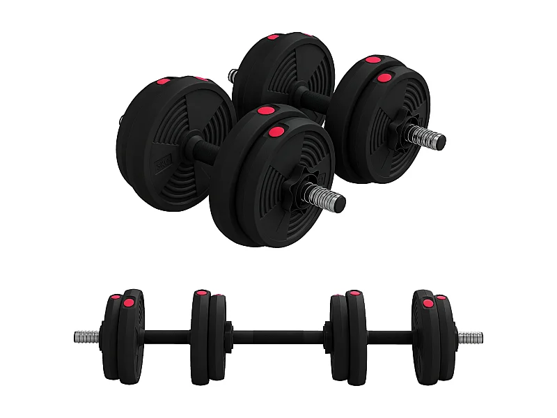 Haltères 2 en 1 réglables - haltères libres 15 Kg - barres incluses - entraînement musculaire & haltérophilie - noir rouge