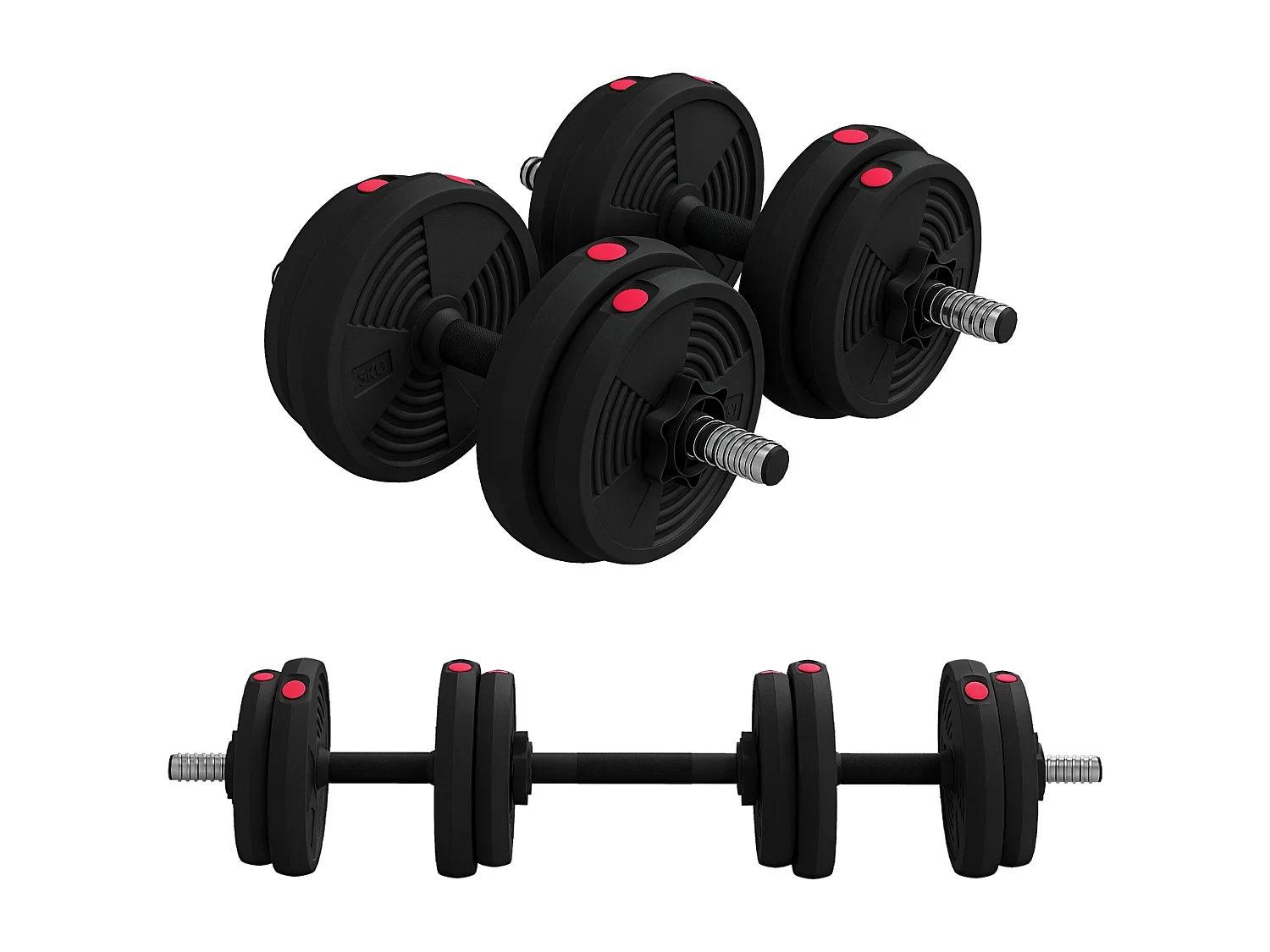 Haltères 2 en 1 réglables - haltères libres 15 Kg - barres incluses - entraînement musculaire & haltérophilie - noir rouge