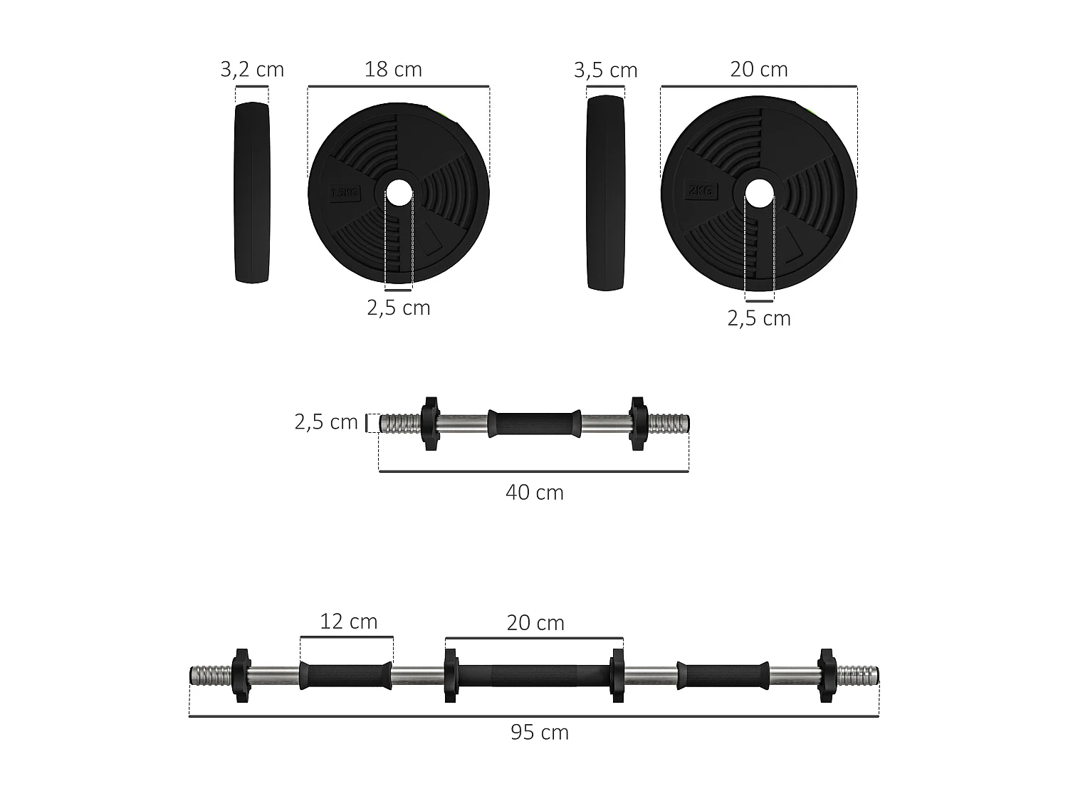 Haltères 2 en 1 réglables - haltères libres 15 Kg - barres incluses - entraînement musculaire & haltérophilie - noir rouge