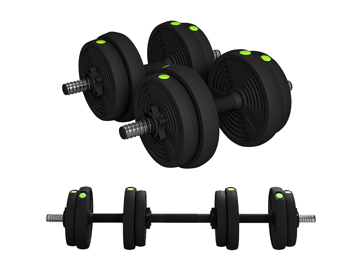 Haltères 2 en 1 réglables - haltères libres 15 Kg - barres incluses - entraînement musculaire & haltérophilie - noir vert