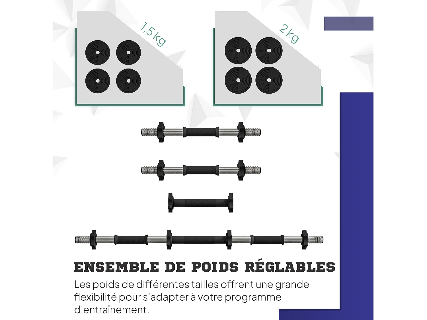 Haltères 2 en 1 réglables - haltères libres 15 Kg - barres incluses - entraînement musculaire & haltérophilie - noir vert