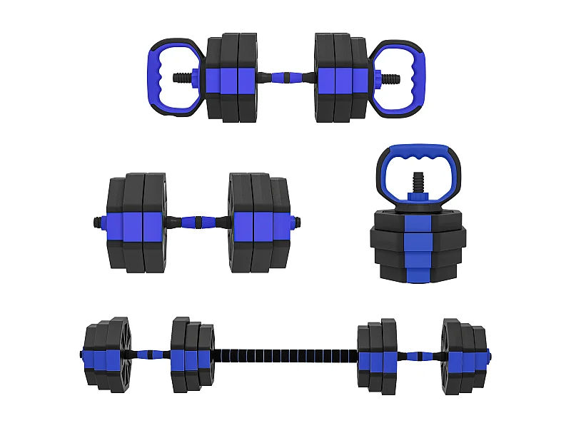 Ensemble d'haltères musculation multifonction 4 en 1 - haltères, kettlebell, push-up support, Olympic barre - total 25Kg - PVC bleu noir