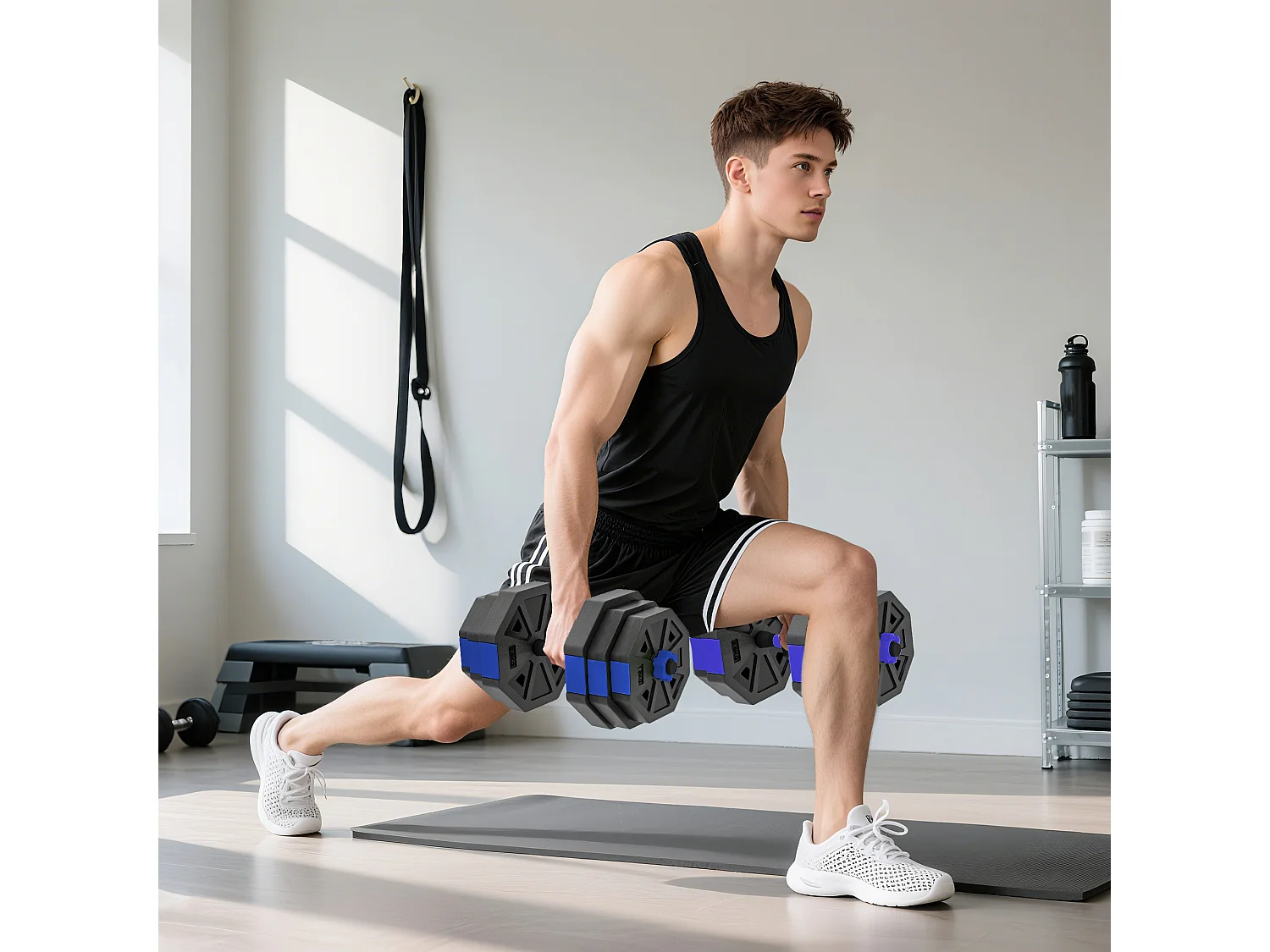 Ensemble d'haltères musculation multifonction 4 en 1 - haltères, kettlebell, push-up support, Olympic barre - total 25Kg - PVC bleu noir