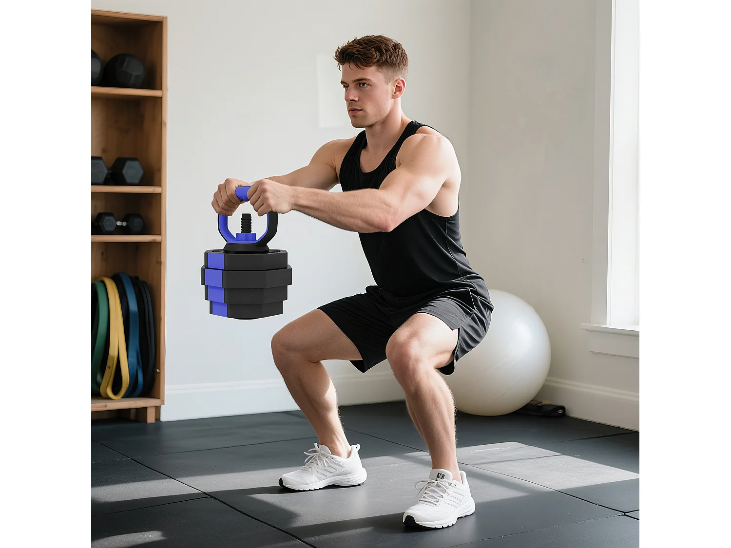 Ensemble d'haltères musculation multifonction 4 en 1 - haltères, kettlebell, push-up support, Olympic barre - total 25Kg - PVC bleu noir