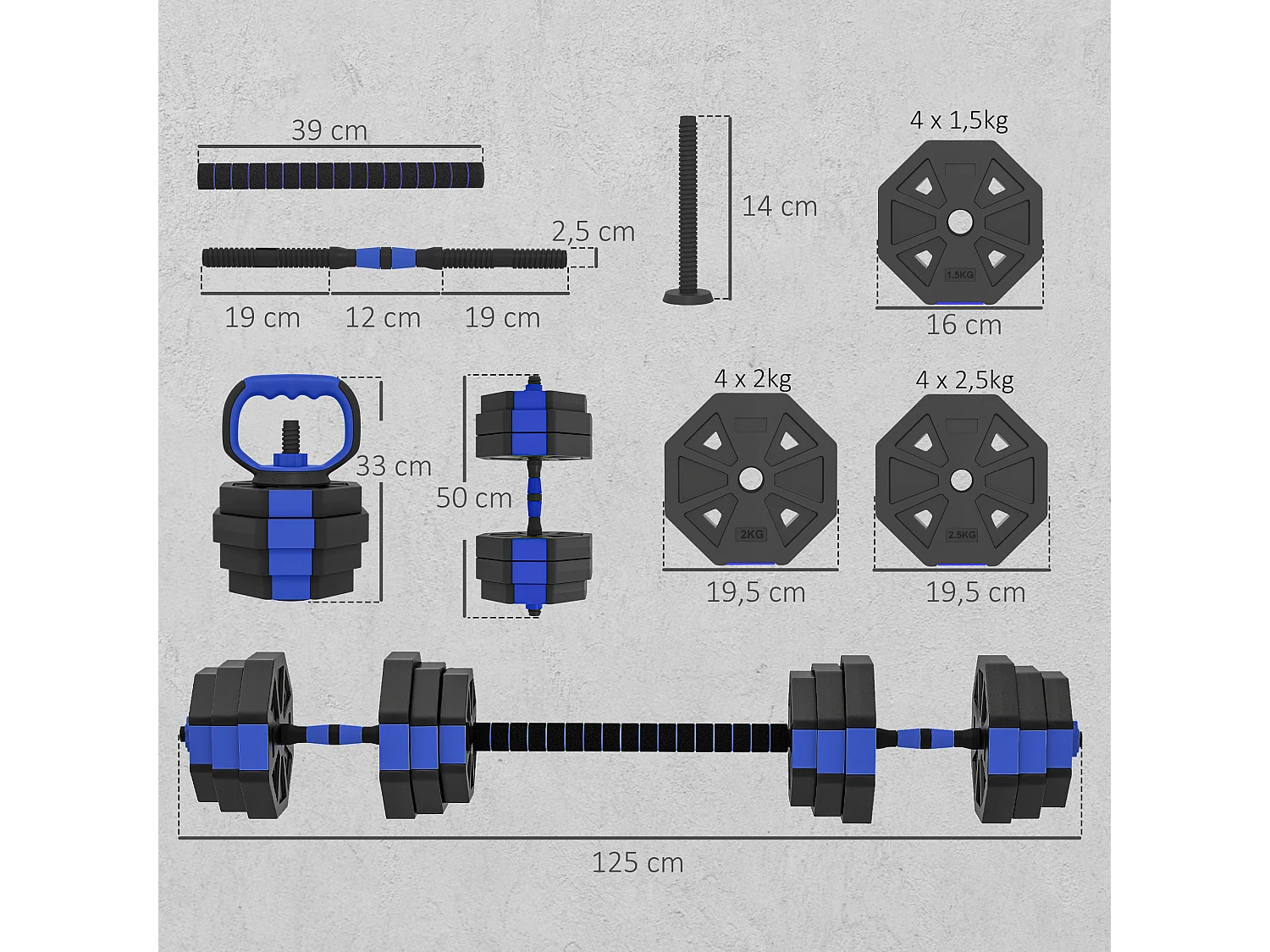 Ensemble d'haltères musculation multifonction 4 en 1 - haltères, kettlebell, push-up support, Olympic barre - total 25Kg - PVC bleu noir