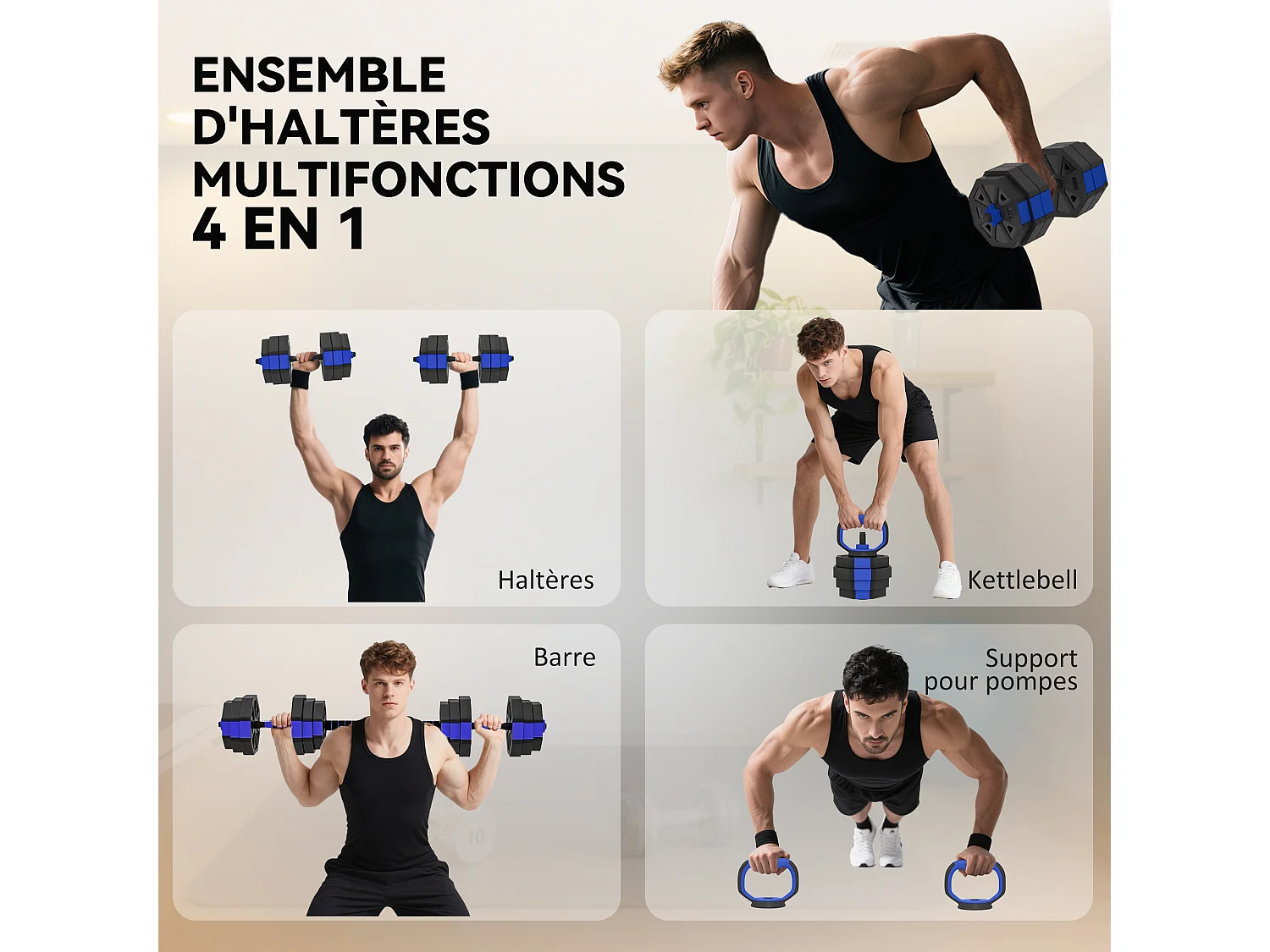 Ensemble d'haltères musculation multifonction 4 en 1 - haltères, kettlebell, push-up support, Olympic barre - total 25Kg - PVC bleu noir