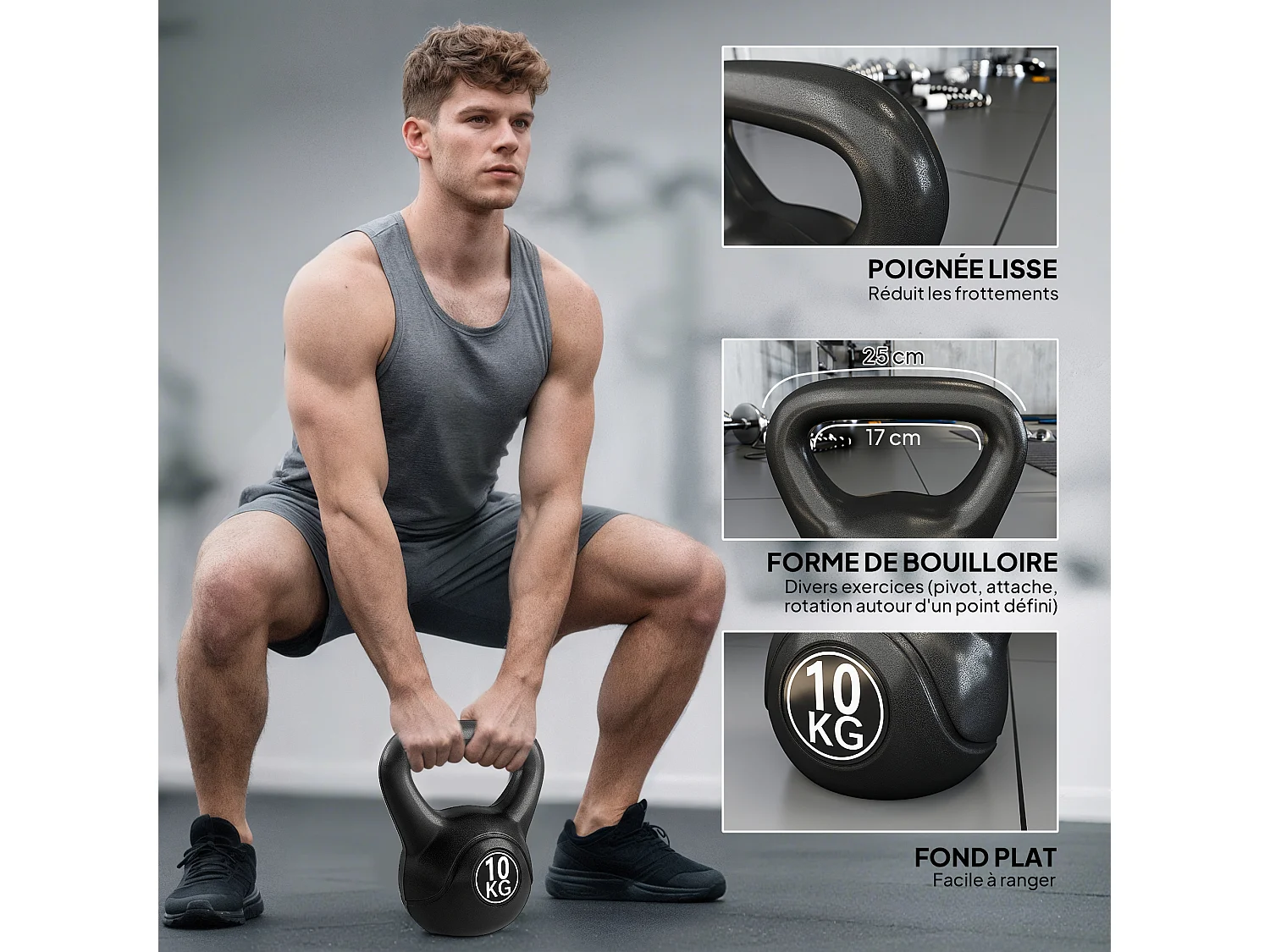 Kettlebell 10 Kg - haltère boule - poignée ergonomique - PVC noir