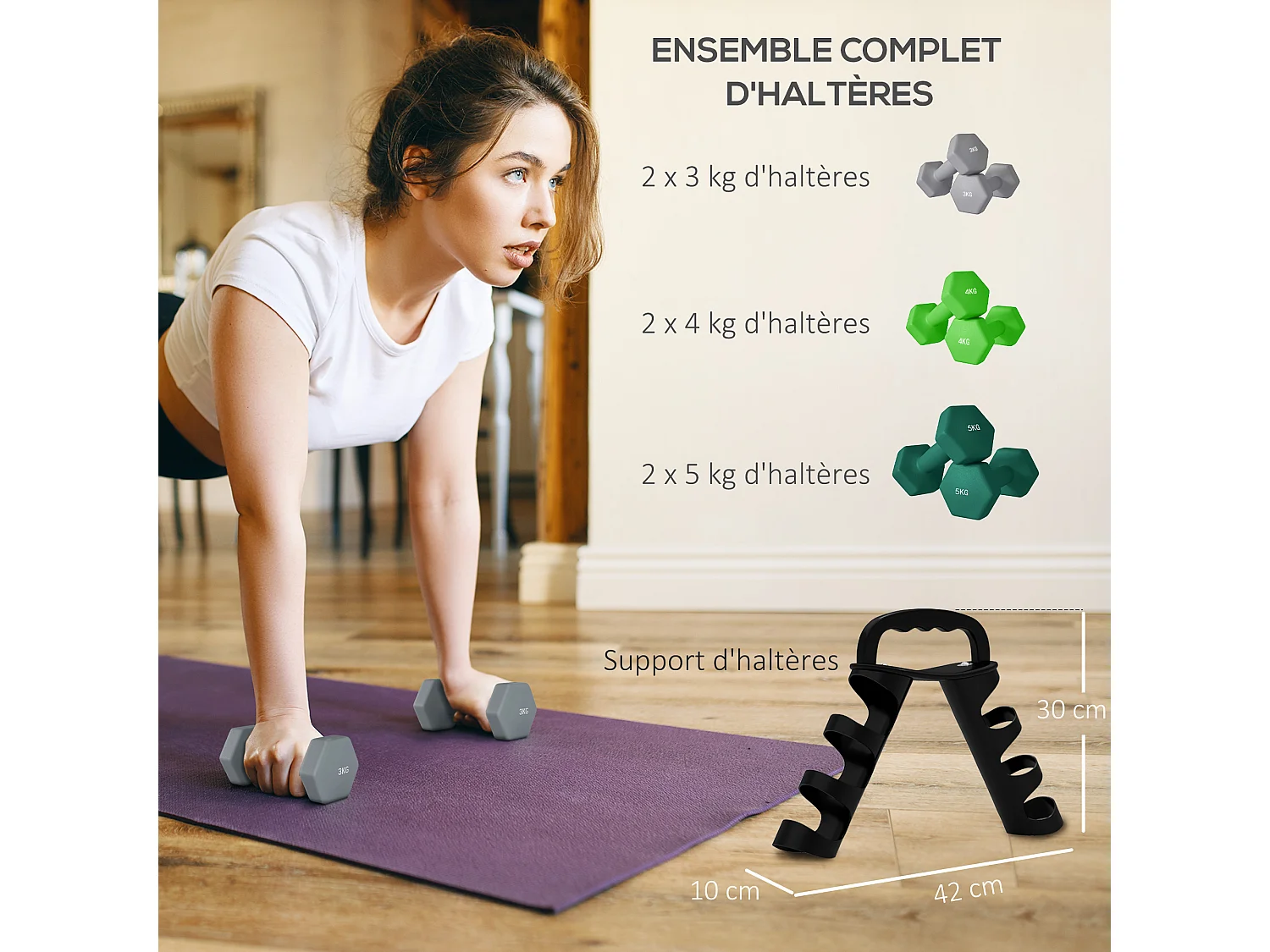 Support noir pour 6 haltères vinyles - 6 haltères incluses total 24 Kg - noir gris vert