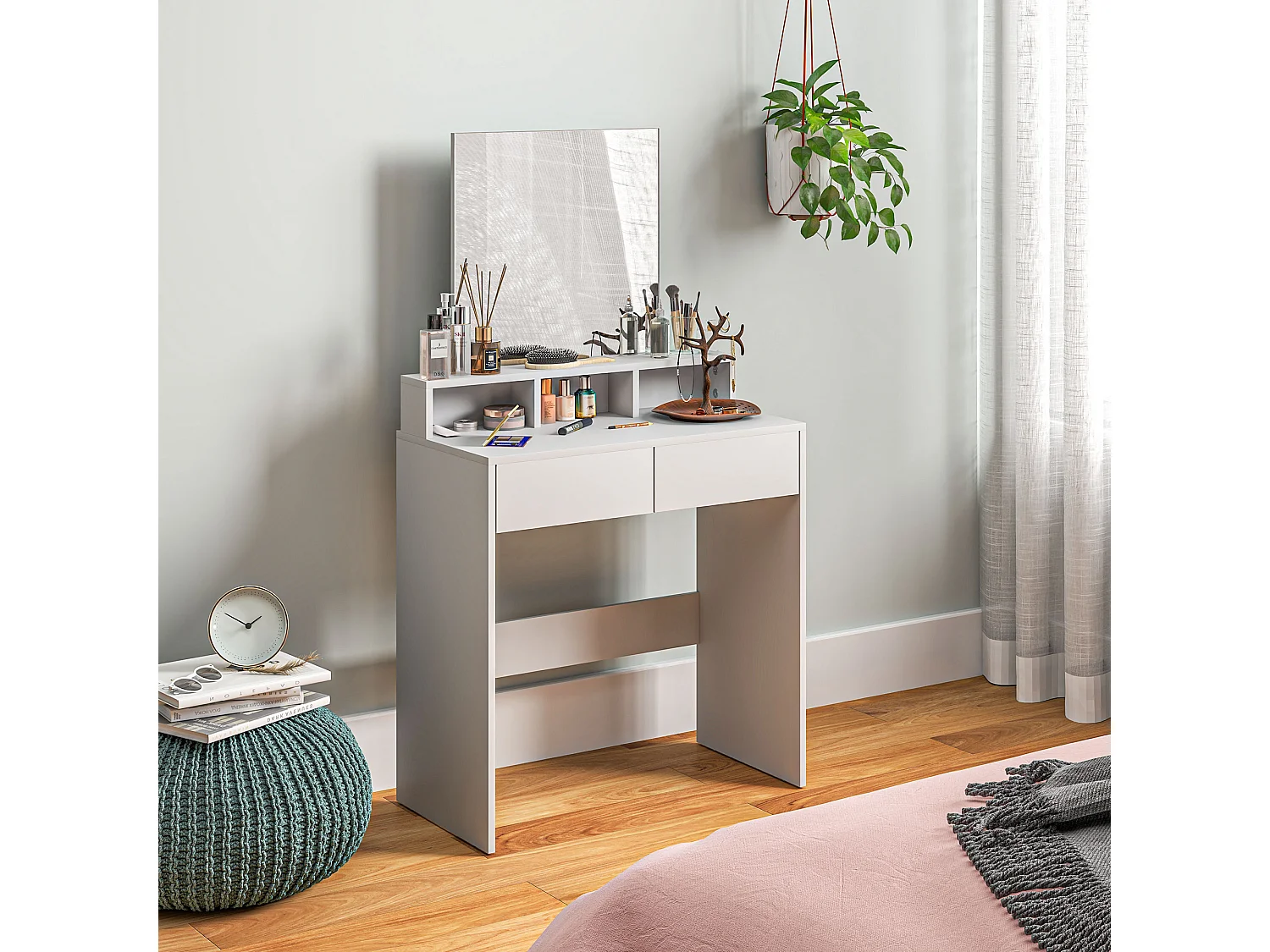 Coiffeuse grand miroir - 2 tiroirs, 3 compartiments, étagère - dim. 75 x 38 x 135 cm - blanc