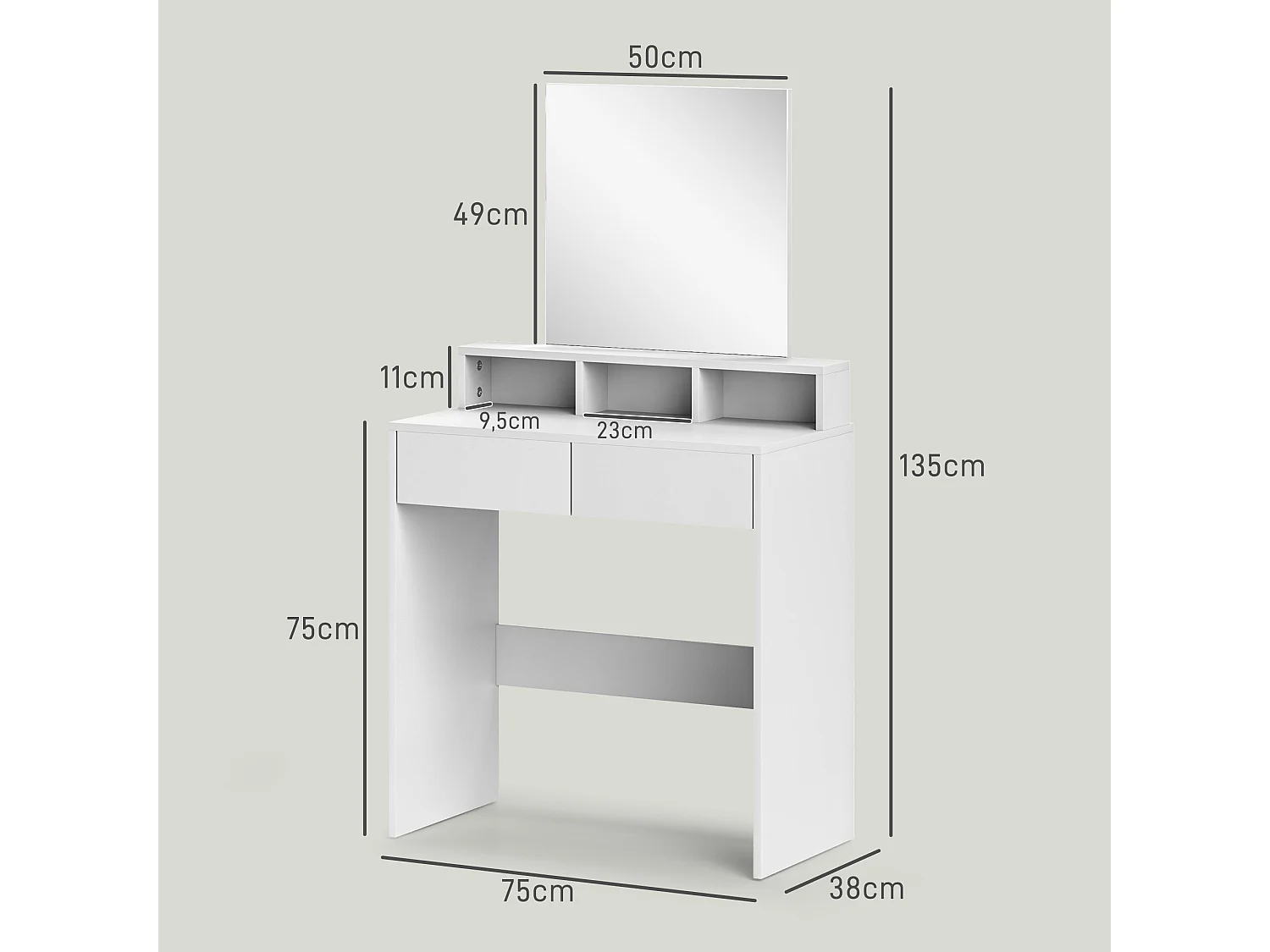 Coiffeuse grand miroir - 2 tiroirs, 3 compartiments, étagère - dim. 75 x 38 x 135 cm - blanc